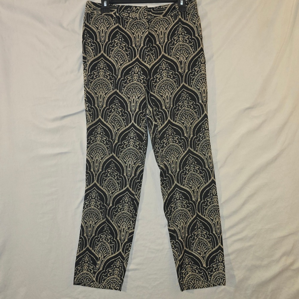 J.McLaughlin Brocade Pants 8 Women Black Gold Damask Straight Leg Stretch